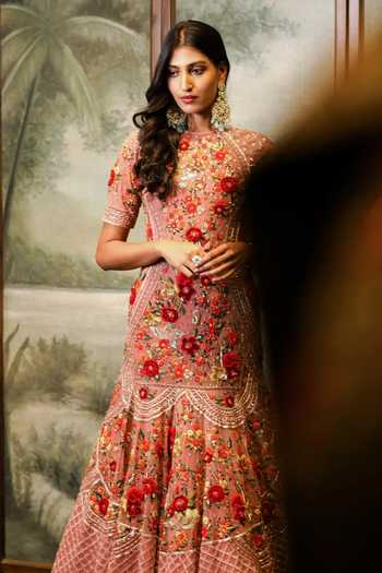 Sahil Kochhar_Pink Net Embroidery, Zari, Cut Work Round Neck Nausheen Flower And Bird Gown _Online_at_Aza_Fashions