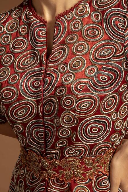 Sejal Kamdar_Maroon Pure Satin Crepe Embellished Ajrak Top And Umbrella Pant Set  _at_Aza_Fashions