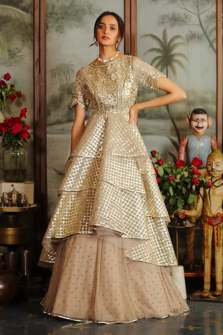 Buy Sahil Kochhar Grey Organza, Net Embroidery Round Neck Abida Layered Gown at Aza Fashions Buy_Sahil Kochhar_Grey Organza, Net Embroidery Round Neck Abida Layered Gown _at_Aza_Fashions