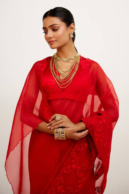 Buy_Devnaagri_Red Organza And Gajji Floral V Neck Border Embroidered Saree With Blouse _Online_at_Aza_Fashions