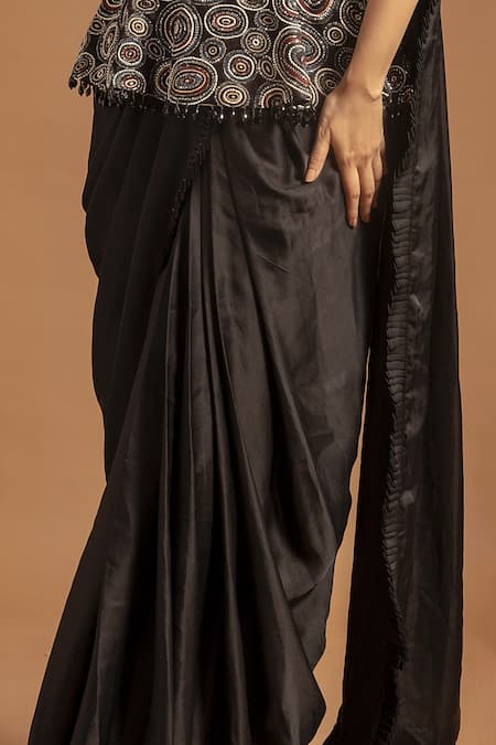 Shop_Sejal Kamdar_Black Pure Satin Crepe Print Ajrak Asymmetric Neck Peplum Saree Gown  _Online_at_Aza_Fashions