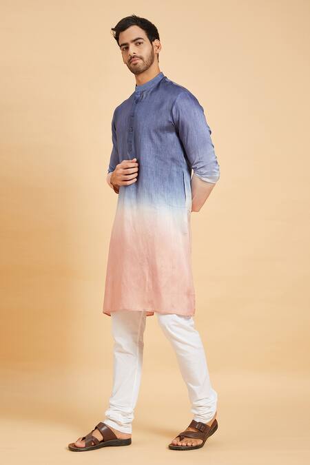 Shop_Hilo Design_Blue Faux Leather Waikawa Ombre Kurta _Online_at_Aza_Fashions