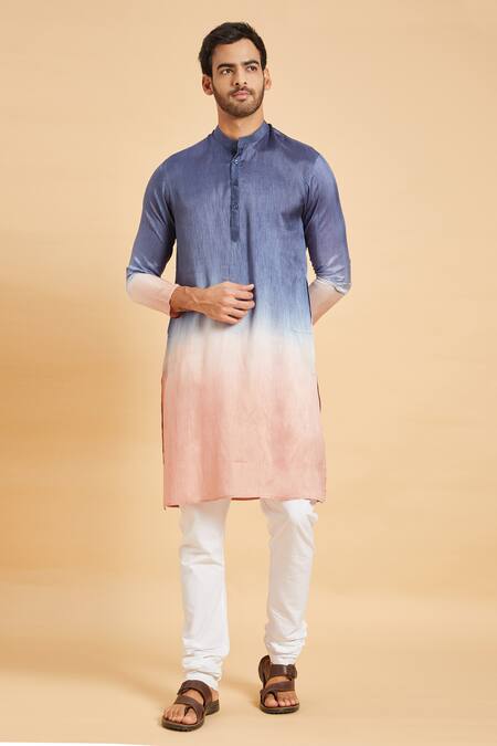 Hilo Design_Blue Faux Leather Waikawa Ombre Kurta _Online_at_Aza_Fashions