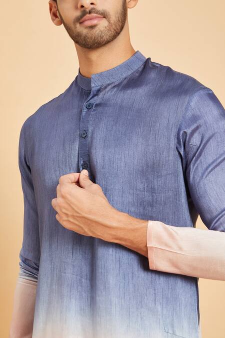 Hilo Design_Blue Silk, Cotton Waikawa Ombre Kurta And Pant Set _at_Aza_Fashions