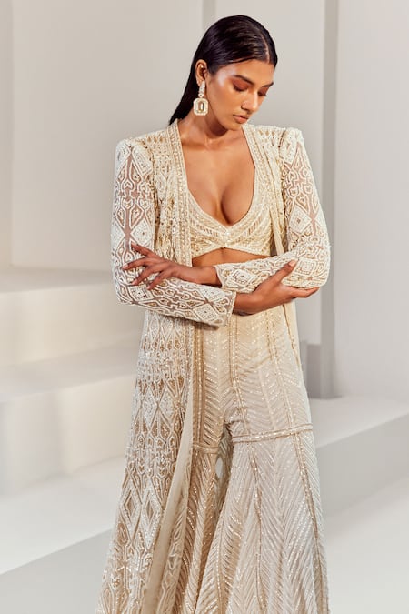Shop Ritika Mirchandani Ivory Net Embroidery Bead Jacket Open Resham Sharara Set Shop_Ritika Mirchandani_Ivory Net Embroidery Bead Jacket Open Resham Sharara Set