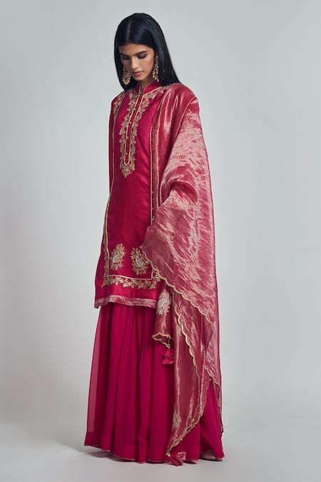 Buy_Sheetal Batra_Pink Kurta Habutai  Dupatta Organza Tissue Gharara Nasira Set _Online_at_Aza_Fashions