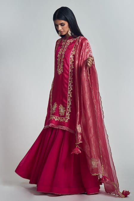 Shop_Sheetal Batra_Pink Kurta Habutai  Dupatta Organza Tissue Gharara Nasira Set _Online_at_Aza_Fashions