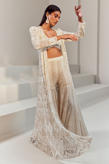 Buy Ritika Mirchandani Ivory Net Embroidery Bead Jacket Open Resham Sharara Set Buy_Ritika Mirchandani_Ivory Net Embroidery Bead Jacket Open Resham Sharara Set
