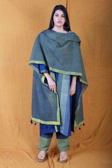 Shop_Banana Labs_Blue Cotton Round Neck Flabber Twister Striped Kurta And Pant Set _Online_at_Aza_Fashions