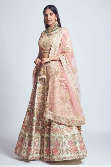 Buy_Sheetal Batra_White Lehenga And Blouse Raw Silk Dupatta French Net Round Parinaaz Bridal Set_Online_at_Aza_Fashions