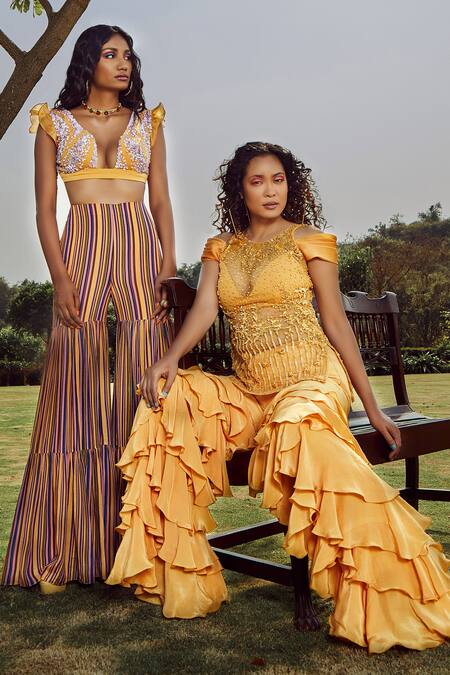 Buy_Babita Malkani_Yellow Silk, Net, , Italian Round Short Tunic And Ruffle Pant Set_Online_at_Aza_Fashions