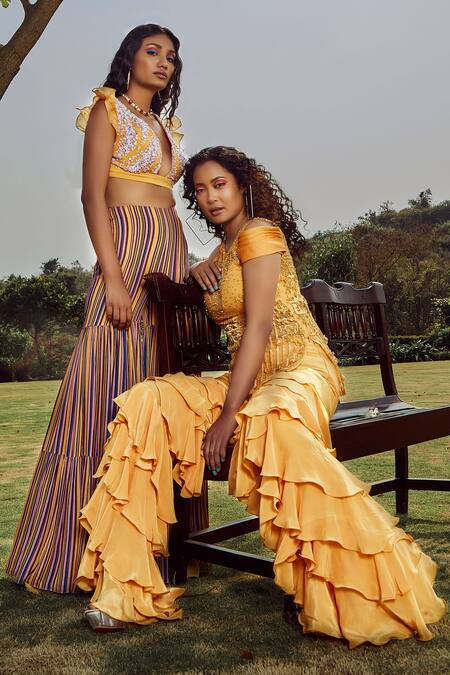 Shop_Babita Malkani_Yellow Silk, Net, , Italian Round Short Tunic And Ruffle Pant Set_Online_at_Aza_Fashions