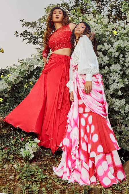 Shop Babita Malkani Red Net, Crepe Round Draped Lehenga And Blouse Set Online at Aza Fashions Shop_Babita Malkani_Red Net, Crepe Round Draped Lehenga And Blouse Set_Online_at_Aza_Fashions