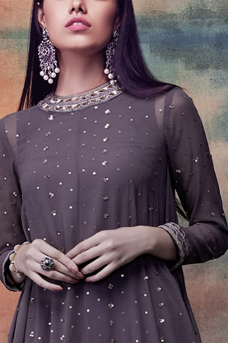 Buy_Vvani By Vani Vats_Grey Kurta Georgette Dhoti Crepe Round Embroidered And Pant Set  _Online_at_Aza_Fashions