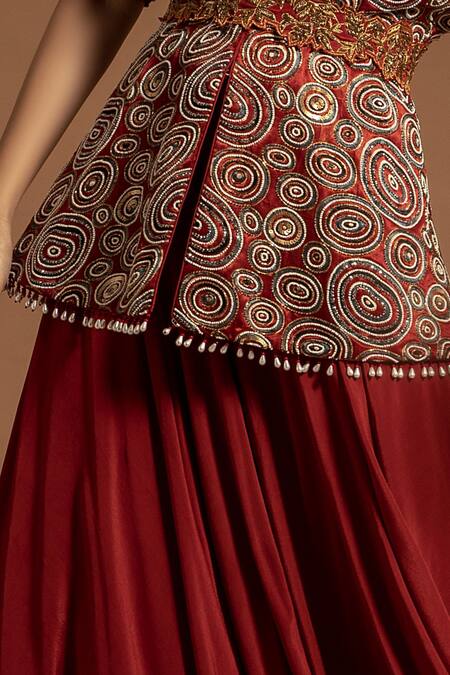 Buy_Sejal Kamdar_Maroon Pure Satin Crepe Embellished Ajrak Top And Umbrella Pant Set  