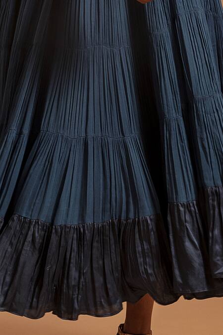 Sejal Kamdar_Blue Pure Satin Crepe Embellished Ajrak Yoke Anarkali With Jacket  _at_Aza_Fashions