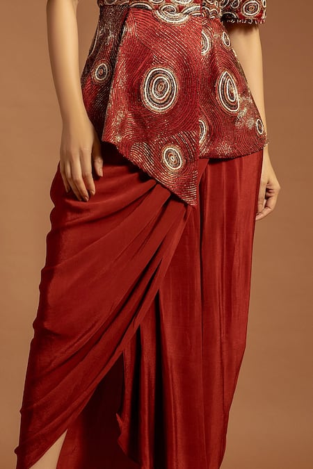 Buy_Sejal Kamdar_Maroon Pure Satin Crepe Embellished Ajrak Pattern Bodice Draped Dress  