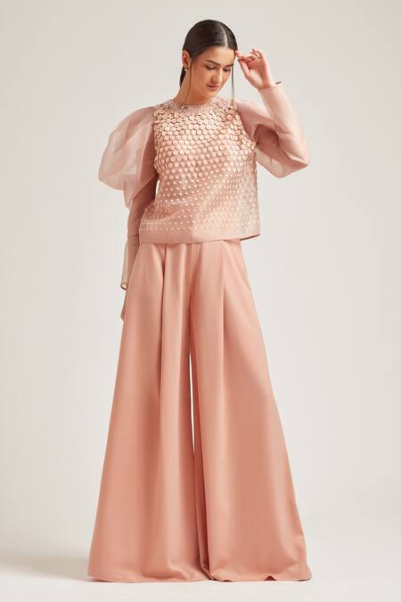 Pankaj & Nidhi Peach Polyester Round Embellished Puff Sleeve Top Online at Aza Fashions Pankaj & Nidhi_Peach Polyester Round Embellished Puff Sleeve Top _Online_at_Aza_Fashions