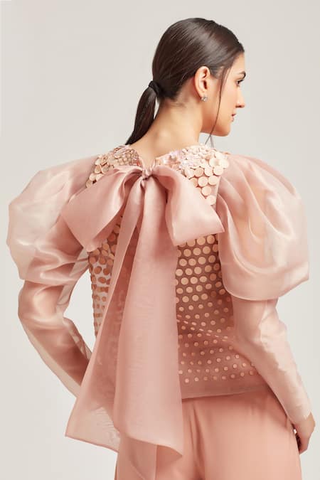 Shop Pankaj & Nidhi Peach Polyester Round Embellished Puff Sleeve Top at Aza Fashions Shop_Pankaj & Nidhi_Peach Polyester Round Embellished Puff Sleeve Top _at_Aza_Fashions