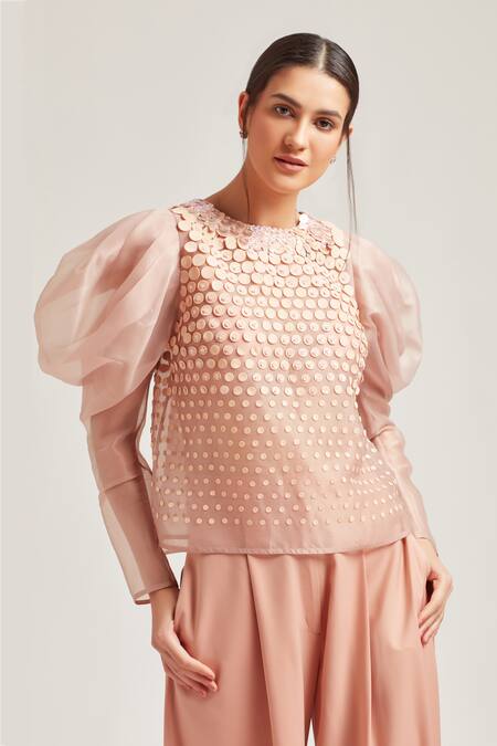 Buy Pankaj & Nidhi Peach Polyester Round Embellished Puff Sleeve Top at Aza Fashions Buy_Pankaj & Nidhi_Peach Polyester Round Embellished Puff Sleeve Top _at_Aza_Fashions