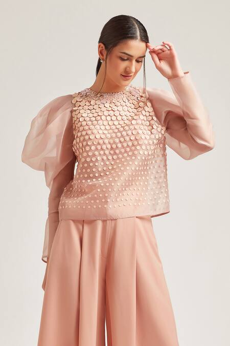Buy Pankaj & Nidhi Peach Polyester Round Embellished Puff Sleeve Top Online at Aza Fashions Buy_Pankaj & Nidhi_Peach Polyester Round Embellished Puff Sleeve Top _Online_at_Aza_Fashions