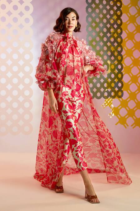 Pankaj & Nidhi Pink Organza Printed Floral Tie-up Neck Coralie Cape And Top Set  