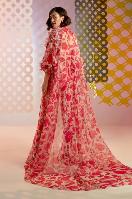 Shop Pankaj & Nidhi Pink Organza, Satin Twill 3d Floral Applique, Coralie Print Cape And Top Set at Aza Fashions Shop_Pankaj & Nidhi_Pink Organza, Satin Twill 3d Floral Applique, Coralie Print Cape And Top Set_at_Aza_Fashions