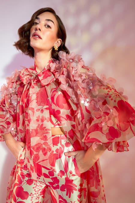 Buy Pankaj & Nidhi Pink Organza, Satin Twill 3d Floral Applique, Coralie Print Cape And Top Set Online at Aza Fashions Buy_Pankaj & Nidhi_Pink Organza, Satin Twill 3d Floral Applique, Coralie Print Cape And Top Set_Online_at_Aza_Fashions