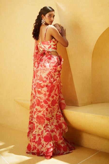 Shop_Pankaj & Nidhi_Peach Blouse Satin Twill, Lining Stretch Satin, Saree Coralie Ruffle With_at_Aza_Fashions