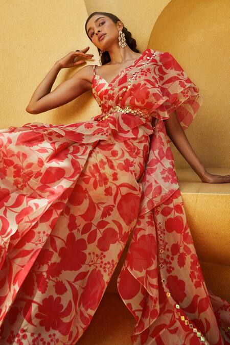 Buy_Pankaj & Nidhi_Peach Blouse Satin Twill, Lining Stretch Satin, Saree Coralie Ruffle With_Online_at_Aza_Fashions