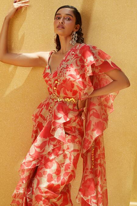 Shop_Pankaj & Nidhi_Peach Blouse Satin Twill, Lining Stretch Satin, Saree Coralie Ruffle With_Online_at_Aza_Fashions