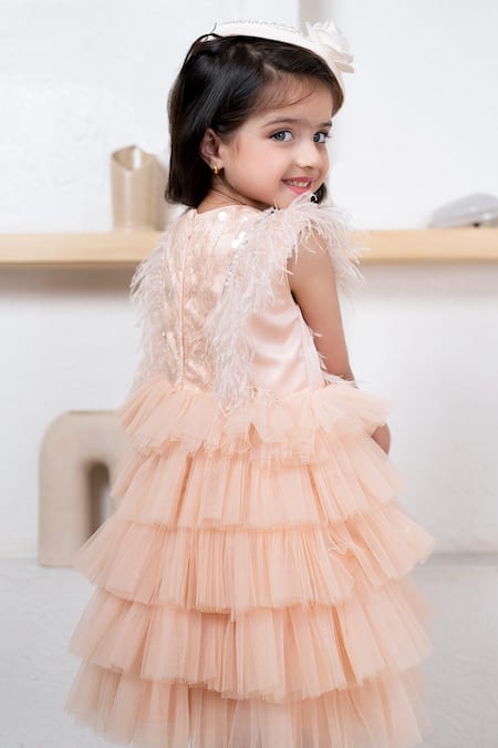 Shop Hoity Moppet Peach Tulle Sequins Tiered Ruffle Dress at Aza Fashions Shop_Hoity Moppet_Peach Tulle Sequins Tiered Ruffle Dress _at_Aza_Fashions