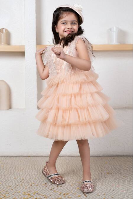 Hoity Moppet Peach Tulle Sequins Tiered Ruffle Dress Online at Aza Fashions Hoity Moppet_Peach Tulle Sequins Tiered Ruffle Dress _Online_at_Aza_Fashions