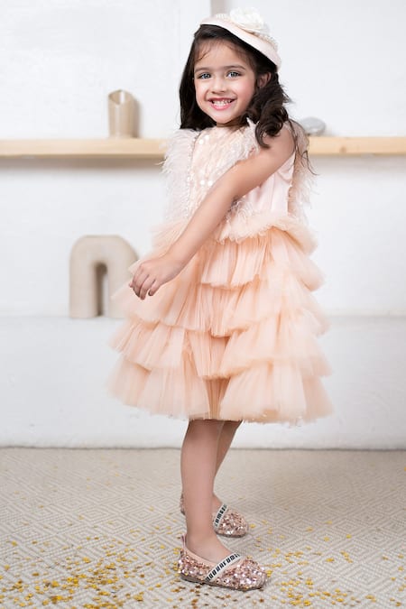 Shop Hoity Moppet Peach Tulle Sequins Tiered Ruffle Dress Online at Aza Fashions Shop_Hoity Moppet_Peach Tulle Sequins Tiered Ruffle Dress _Online_at_Aza_Fashions