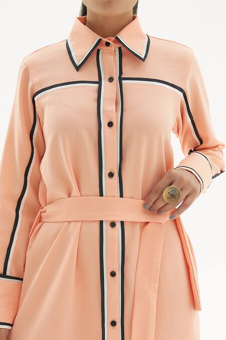 Buy_Corpora Studio_Peach Martin Crepe Shirt Collar Striped Dress _Online_at_Aza_Fashions