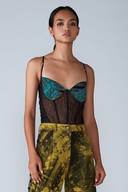 Buy Black Satin Printed Abstract Tile Pattern Plunge Corset Bodysuit For  Women by Saaksha & Kinni Online at Aza Fashions.