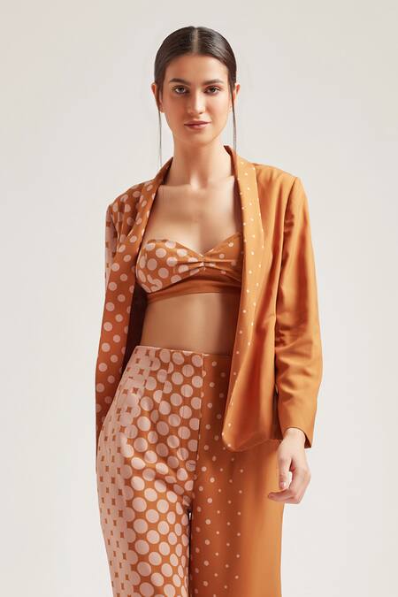 Buy_Pankaj & Nidhi_Orange Polyester Shawl Collar Printed Blazer And Pant Set _Online_at_Aza_Fashions