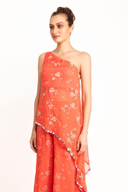 Prevasu_Peach Georgette Logo, Tilla And Sequin Work Printed Asymmetric Kurta & Sharara Set _Online_at_Aza_Fashions