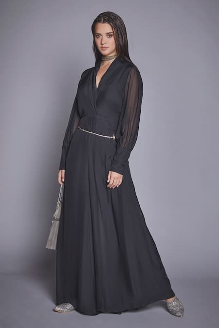 Jade By Monica & Karishma Black French Chiffon V Neck Flared Jumpsuit  