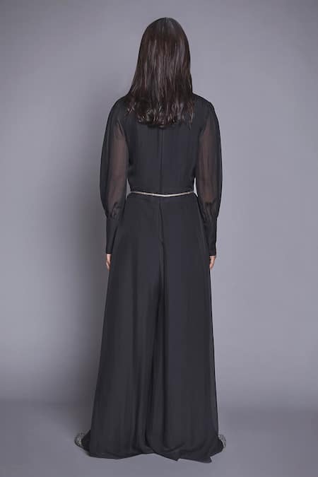 Shop Jade By Monica & Karishma Black French Chiffon V Neck Flared Jumpsuit at Aza Fashions Shop_Jade By Monica & Karishma_Black French Chiffon V Neck Flared Jumpsuit _at_Aza_Fashions