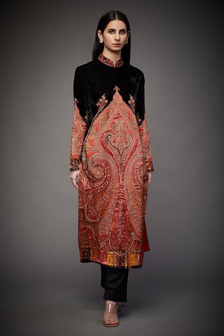 RI.Ritu Kumar Black 70% Silk Embroidery Mandarin Collar Jacket Kurta 