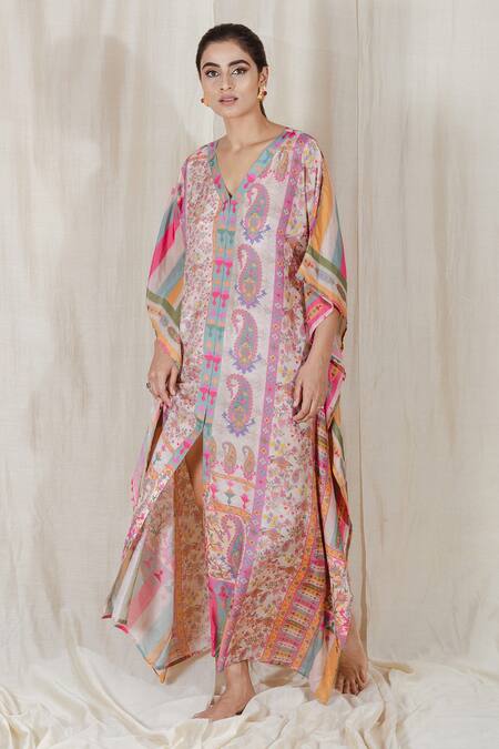 The Boozy Button_Multi Color Moroccan Silk Digital Print V Neck Counting Stars Kaftan_Online_at_Aza_Fashions