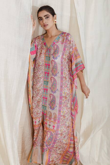 Shop_The Boozy Button_Multi Color Moroccan Silk Digital Print V Neck Counting Stars Kaftan_Online_at_Aza_Fashions