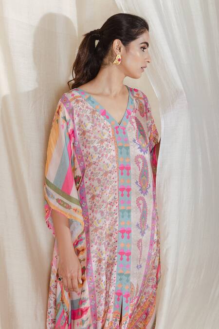 The Boozy Button_Multi Color Moroccan Silk Digital Print V Neck Counting Stars Kaftan_at_Aza_Fashions