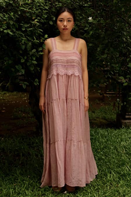 Baju Purple Chanderi Cotton, Silk Lace Square Neck Embroidered Maxi Dress Online at Aza Fashions Baju_Purple Chanderi Cotton, Silk Lace Square Neck Embroidered Maxi Dress_Online_at_Aza_Fashions