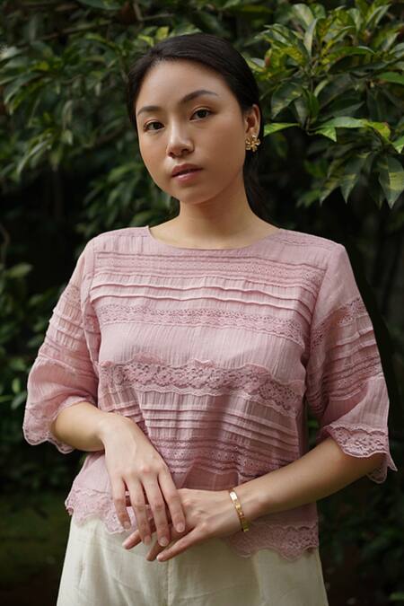 Baju_Purple Chanderi Cotton, Silk Lace Round Neck Embroidered Blouse_at_Aza_Fashions