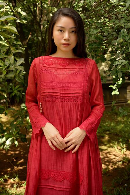 Baju_Purple Chanderi Cotton, Silk Lace Round Neck Embroidered And Paneled Tunic_at_Aza_Fashions