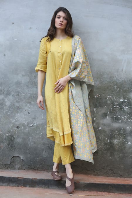 I Am Design_Yellow Satin Linen Kurta Set _Online_at_Aza_Fashions