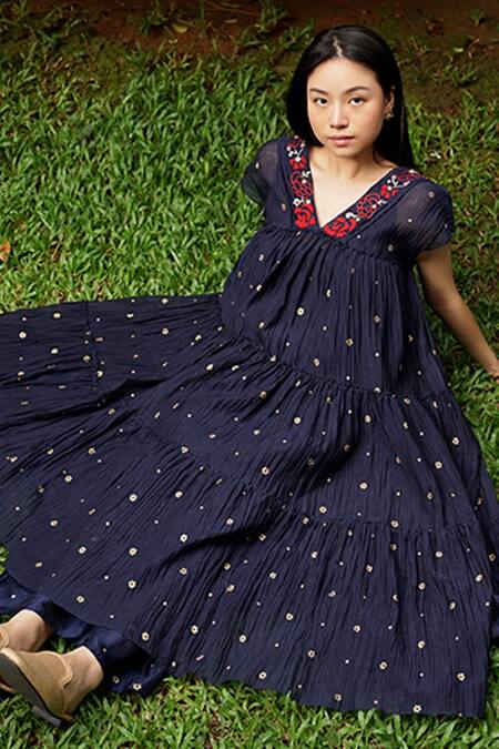 Shop_Baju_Blue Chanderi Cotton, Silk Embroidery V-neck Hand Midi Dress_Online_at_Aza_Fashions