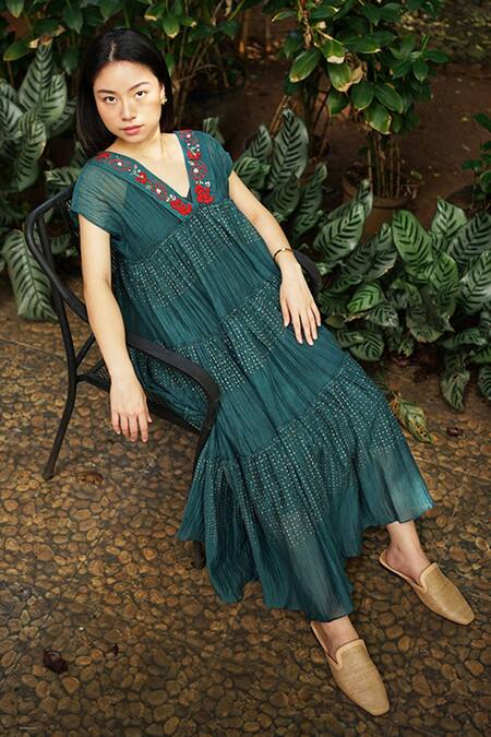 Baju_Green Chanderi Cotton, Silk Embroidery V-neck Floral Maxi Dress_at_Aza_Fashions